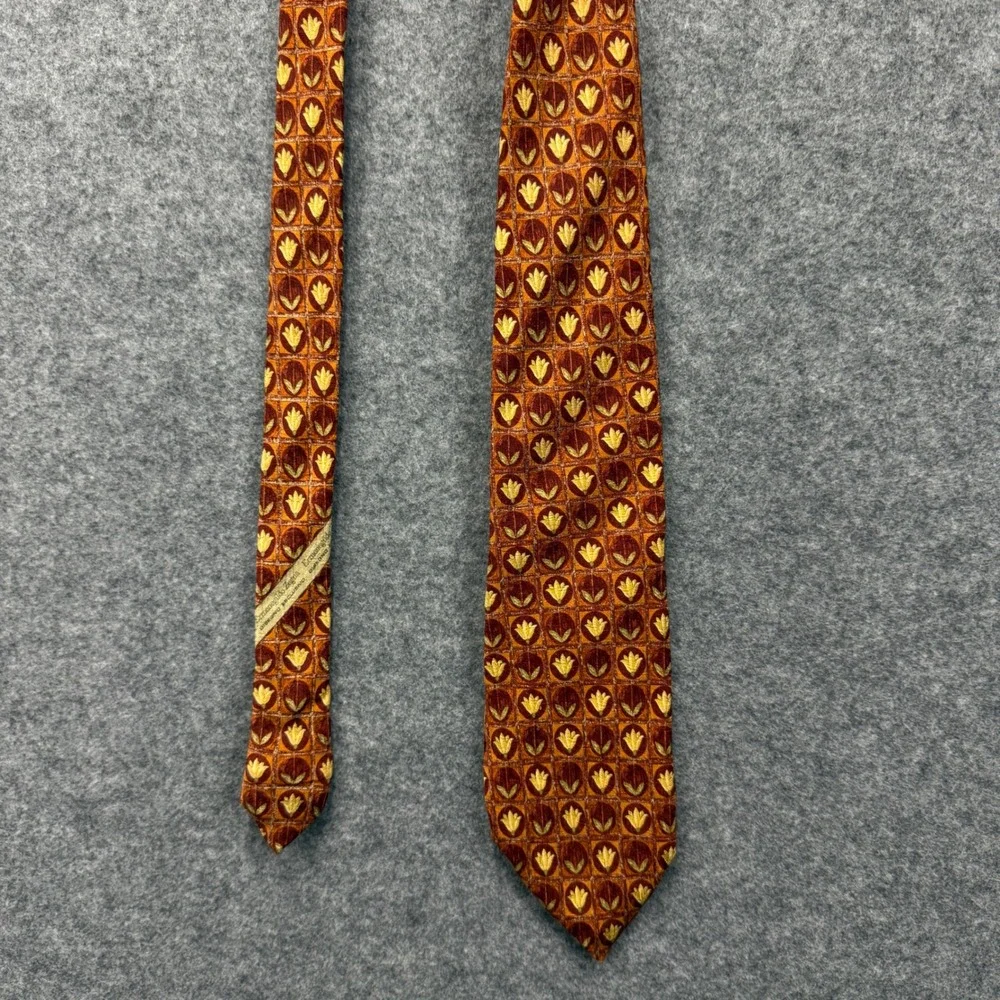 Ermenegildo‎ Zegna Mens Silk Tie Orange Gold Floral Geometric Made in Italy